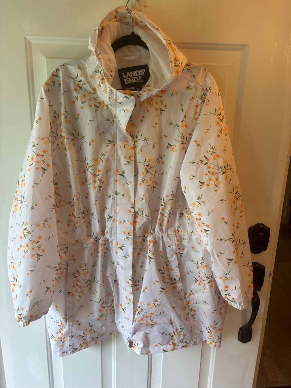 Lands' End White Floral Hooded Trench Coat with Yellow Blossom Print